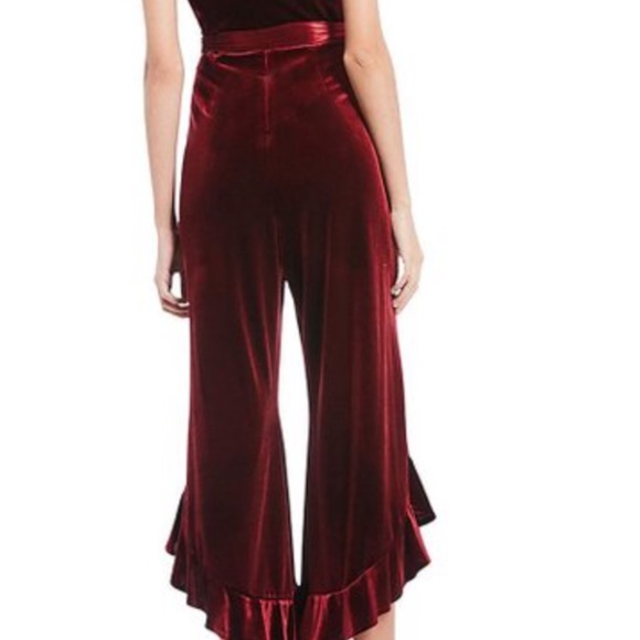 BETSEY JOHNSON Burgundy Flared Ruffle Leg Velvet Jumpsuit Sz 12 - Picture 2 of 10